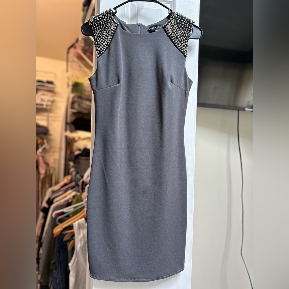 Mela London // 4 Gray Beaded Shoulder Dress